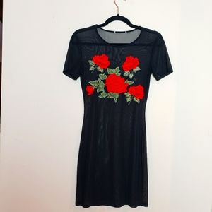 Mesh Black Mini Dress with Rose Embroidery